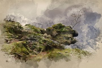 SDigital watercolor painting of tunning intimate landscape image during Autumn Fall of small tree growing against calm lake in background