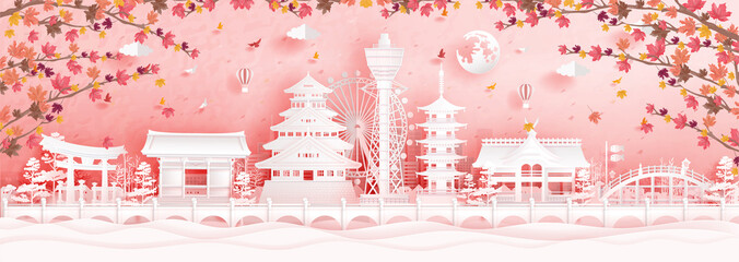 Obraz premium Autumn in Osaka, Japan with falling maple leaves and world famous landmarks in paper cut style vector illustration