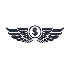 Dollar. Wings. Financial takeoff. Vector icon isolated on white background.