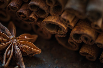 cinnamon sticks & star anise , close up .