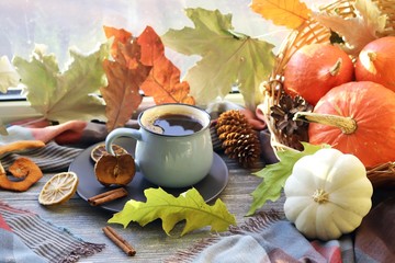 Cup of coffee, pumpkins, leaves, spices, a scarf on a wooden surface on a window background, home comfort concept, Thanksgiving, autumn season