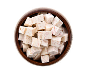 Taro isolated in wood bowl on white background