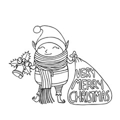 Black and white Cute funny cartoon character christmas elf with long scarf holding gift bag and a handbell, isolated on white background, merry christmas lettering