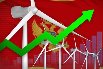 Fototapeta premium Montenegro wind energy power rising chart, arrow up - alternative natural energy industrial illustration. 3D Illustration