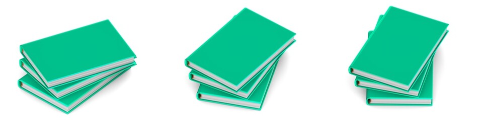 simple very high detail pile of 3 green books which are closed, school concept isolated on white background - 3d illustration of object