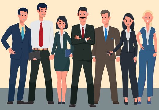 Team of cute cheerful men and women employees or colleagues. Office workers. A friendly team of like-minded people. Colorful vector illustration in flat cartoon style.