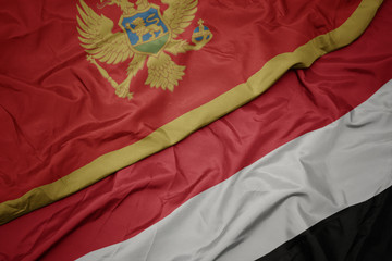 waving colorful flag of yemen and national flag of montenegro.