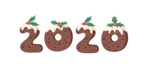 Cartoon vector illustration Christmas Pudding. Hand drawn font. Actual Creative Holidays bake alphabet and numbers 2020