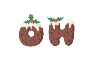 Cartoon vector illustration Christmas Pudding. Hand drawn font. Actual Creative Holidays bake alphabet and word OH