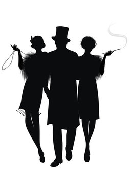 Silhouette of two flapper girls and elegant gentleman with top hat. Girl with long necklace and girl smoking a pipe. Isolated on white background