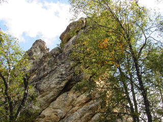 Ural mountain landscape with growing trees in autumn.