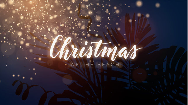 Christmas on the summer beach design with exotic palm leaves and gold glowing glitter, vector illustration. Festive sunset composition.
