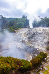 Hot thermal springs in Furnas village, Sao Miguel island, Azores, Portugal. Caldeira do Asmodeu
