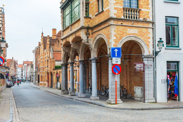 BRUGES, BELGIUM - April 13, 2018: Street view of downtown in Bruges, Belgium
