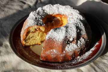 Freshly baked sweet cake with icing sugar 