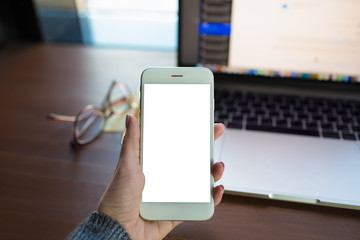 Closely woman skilled marketing coordinator using mobile phone with empty mock up copy space screen...