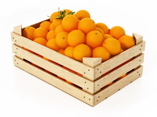 Fresh, newly harvested oranges inside wooden crate. 3D illustration