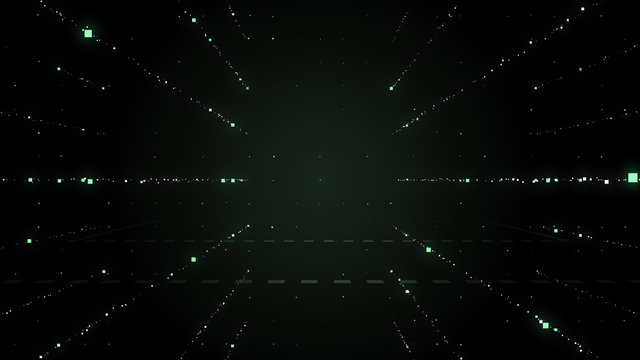 3D rendering of a scientific technology data binary code network conveying connectivity, complexity and data flood of modern digital age.