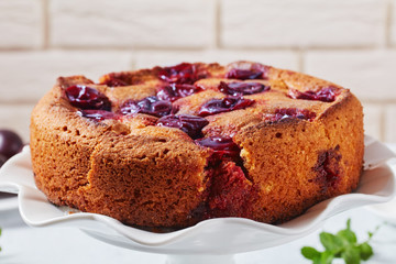 close-up of  plum sponge cake, top view