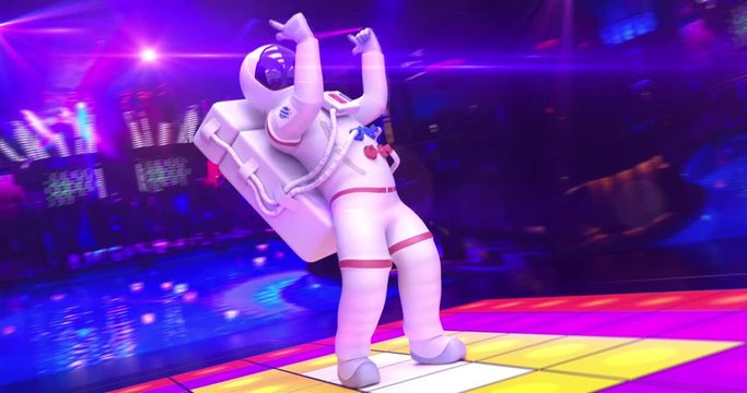 Funny Astronaut Dancing On A Disco Stage - Camera Moving Around Him - Lights And Cool Ambient Seamless Loop