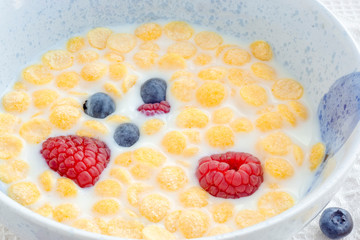 Bowl of cornflakes and berries in milk