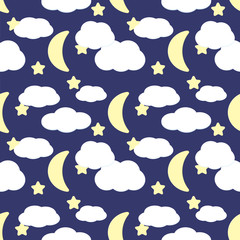 seamless pattern with month stars and clouds