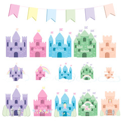 Medieval castle towers. Fairytail mansion exterior, king fortress castles and fortified palace with gate. Old ancient gothic tower fortress or fairy citadel cartoon vector isolated icons set