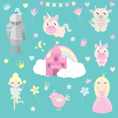Happy birthday kids vector set. Funny toys, creatures, bouncy castle and unicorns on white background. Elements for decoration children's party. Magic cute baby vector set with fairy cloud castle
