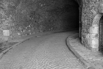 Fragment of the tunnel leading to the fortress, paved road under