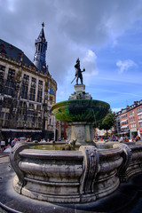 Statue of Charlemagne at town hall square in the old town of Aachen, Germany