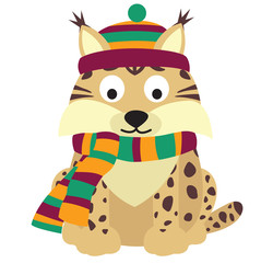 Cute lynx wearing a knitted warm hat, and a scarf. Animal sitting on its hind legs. Vector flat illustration isolated on the white background