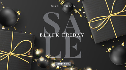Black Friday sale web banner. Holiday background with realistic black gift boxes, light garland, balls and golden confetti. Vector illustration. Ads social media web banner for sale and product promo.