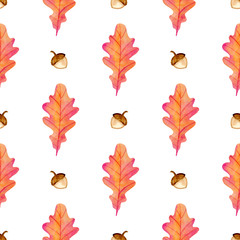 Watercolor pattern with acorns and oak leaves.