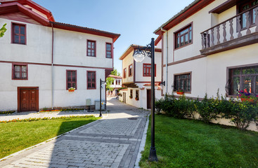 Fototapeta na wymiar Historical Turkish restoration houses in Hamamonu district of Altindag, Ankara, Turkey.