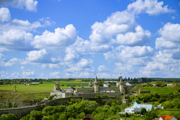 Eastern European castle medieval building in Ukraine country side rural green natural environment in summer clear weather time, famous touristic destination point 