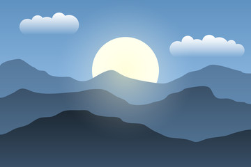 Illustration of the sunrise in the mountains. Misty landscape.