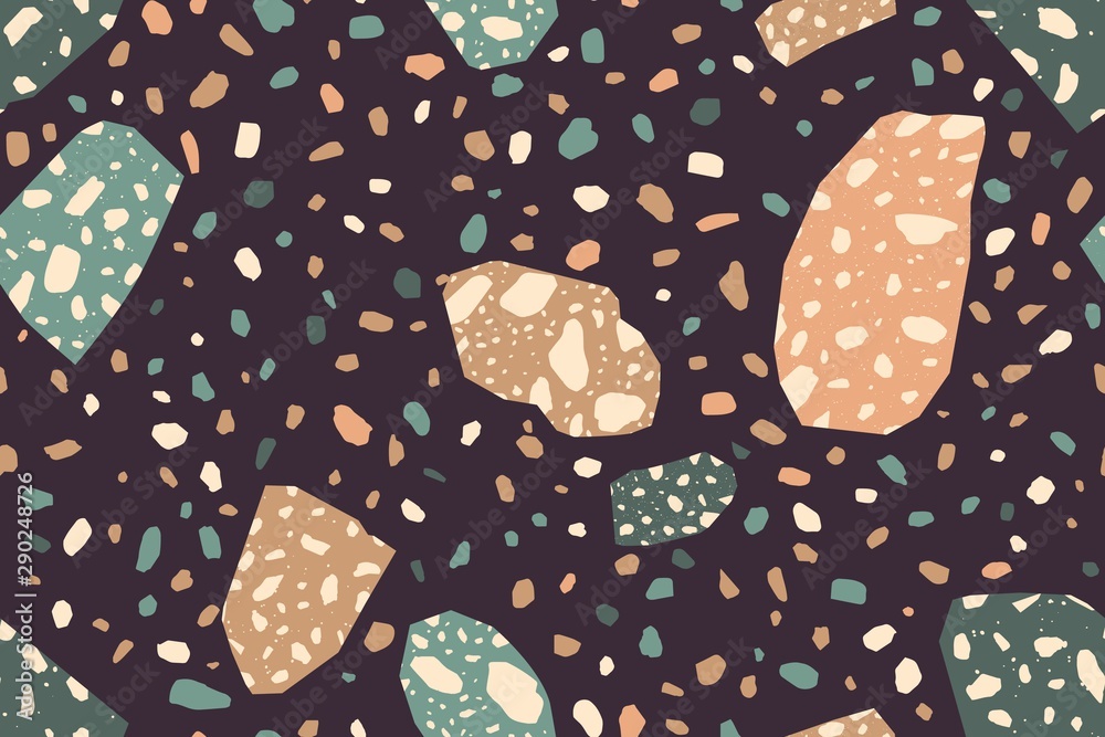 Aufkleber terrazzo trendy vector seamless pattern. granite fragments creative backdrop. chaotic mosaic pieces 