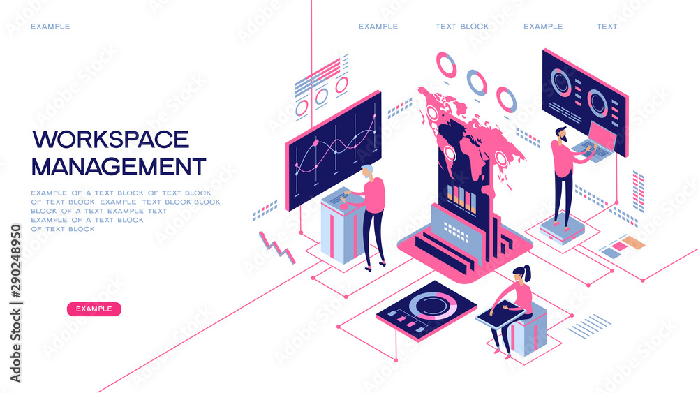 Wall mural people interacting with graphs and papers. workflow and business management. 3d vector isometric ill
