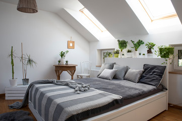 White, bright and cozy space of bedroom in attic apartment with double bed and plants as a decor. Interior in scandinavian style.