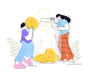 People Saves Money. Man and woman put gold coins in a glass jar. Saving dollar coin in moneybox. Growth, income, savings, investment. Symbol of wealth. Cash Savings.