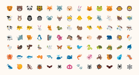 All Animals Vector Icons, Emojis Set. Colored Line Wildlife Symbols. Animal Face, Head Emojis, Emoticons Set, Collection.