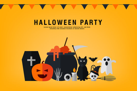 Happy Halloween Party Background. pumpkins, ghosts, candy, witch broom, bats, cobwebs, skulls, bones, headstones, witch hats. Paper art style. Vector