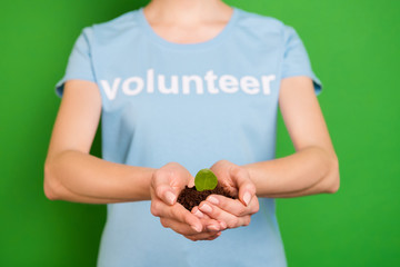 Close-up cropped view portrait of her she kind girl wearing blue t-shirt holding in hands natural soil growing rescue forest isolated over bright vivid shine vibrant green background