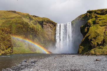 Skogafoss waterfall. Natural tourist attraction of Iceland. Autumn landscape on a sunny day. Amazing in nature. September 2019