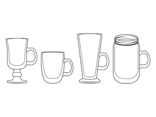 Collection of empty mulled wine glasses. Object for packaging, advertisements, menu. Isolated on white. Vector illustration. Black and white.