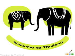 Two elephants and inscription Welcome To Thailand. Picture on background of cute smiled face. Vector