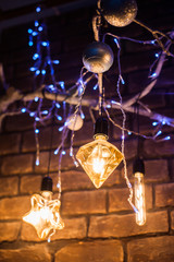 Obraz na płótnie Canvas glowing light bulbs and lights hang from the branch