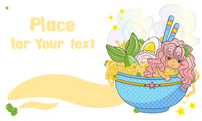Vector cartoon horizontal banner with kawaii ramen illustration and place for Your text. Cute plate with yummy ramen set and funny mermaid girl. Perfect for flyers, backgrounds, labels, menu cards
