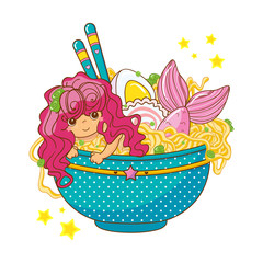 Vector food illustration. Kawaii ramen art. Anime mermaid with pink curls and tail in plate with noodles, narutomaki, egg, chopsticks, stars. Asian (China, Korean, Japanese) street food print