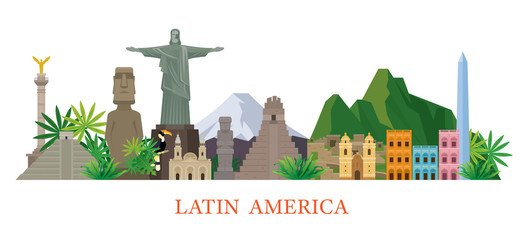 Latin America Skyline Landmarks Flat Style - obrazy, fototapety, plakaty